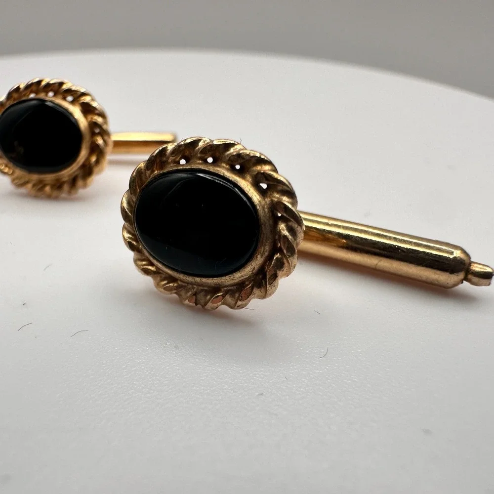 Vintage 90s Gold Tone‎ Twisted Rope Edge Black Onyx Cufflinks Set Jewelry